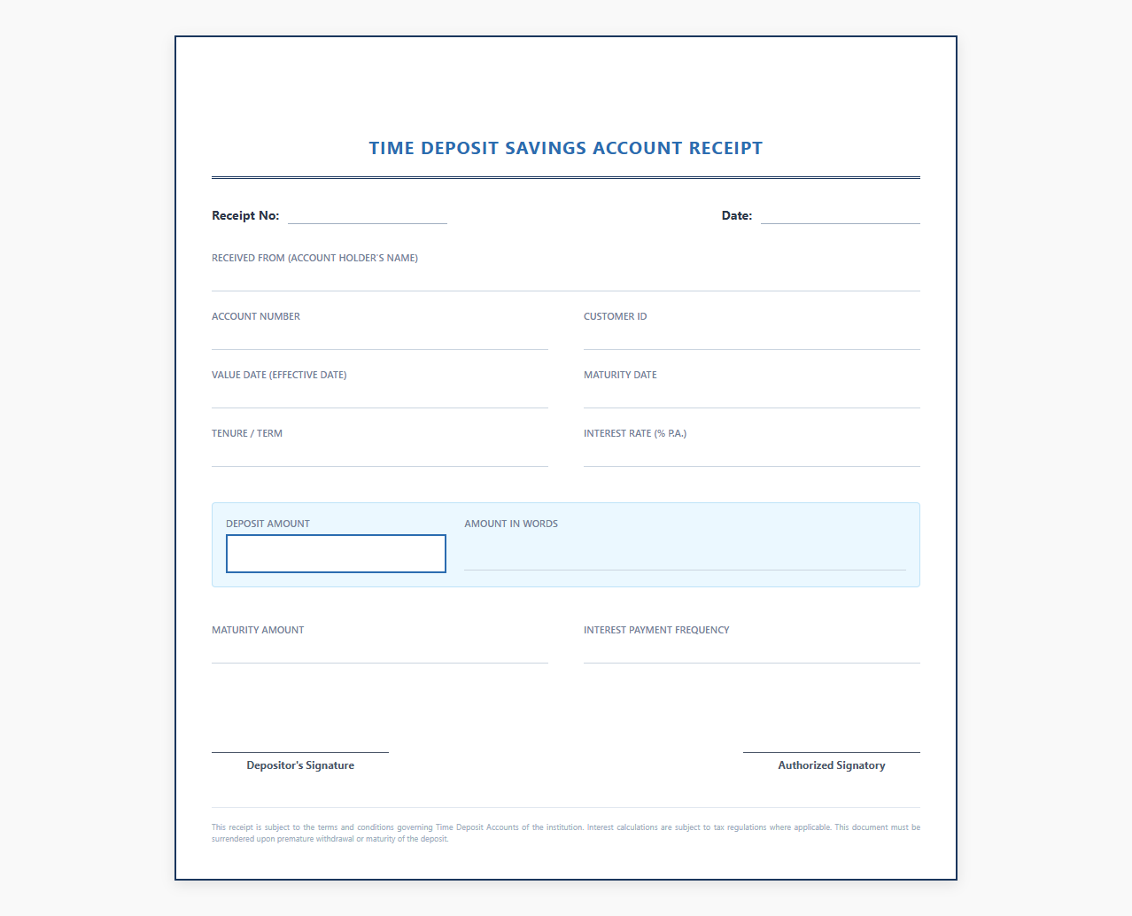 Time Deposit Savings Account Receipt Template