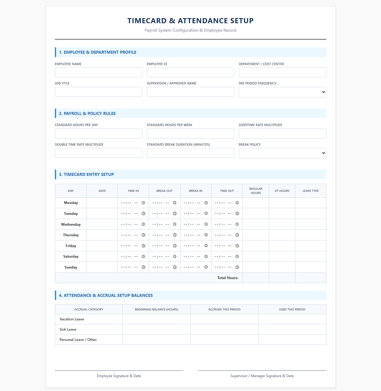 Timecard and Attendance Setup for Payroll