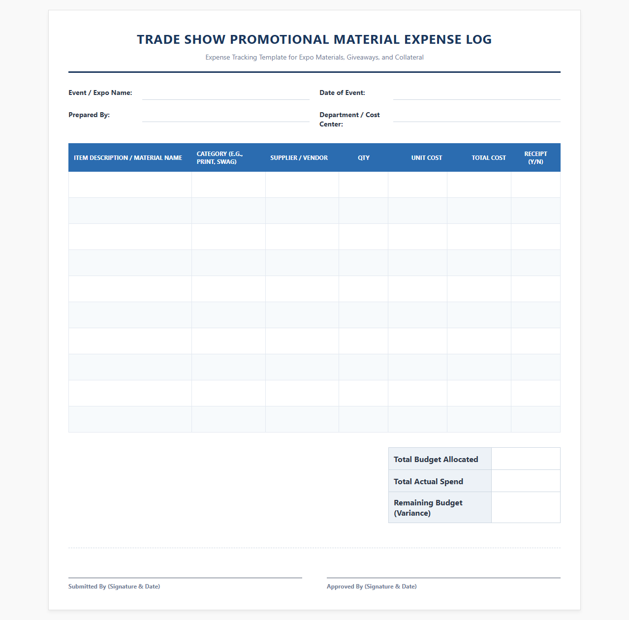 Trade Show Promotional Material Expense Log