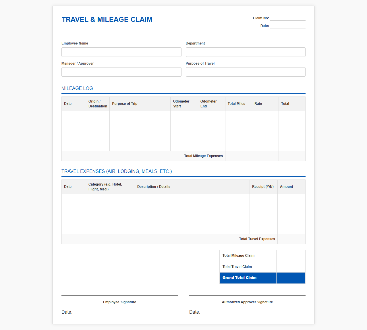 Travel and Mileage Expense Claim Form