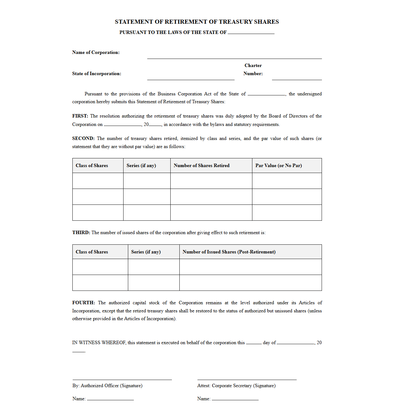 Treasury Share Retirement Statement Template