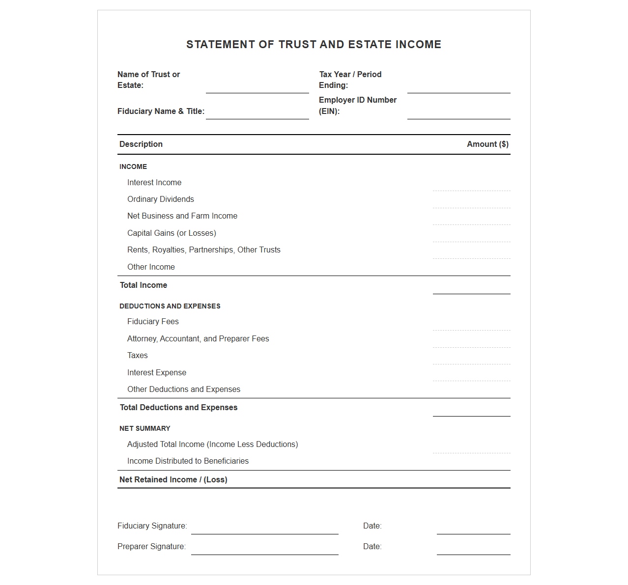 Trust and Estate Income Statement Template