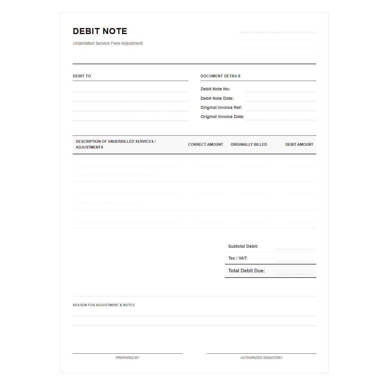 Underbilled Service Fees Debit Note