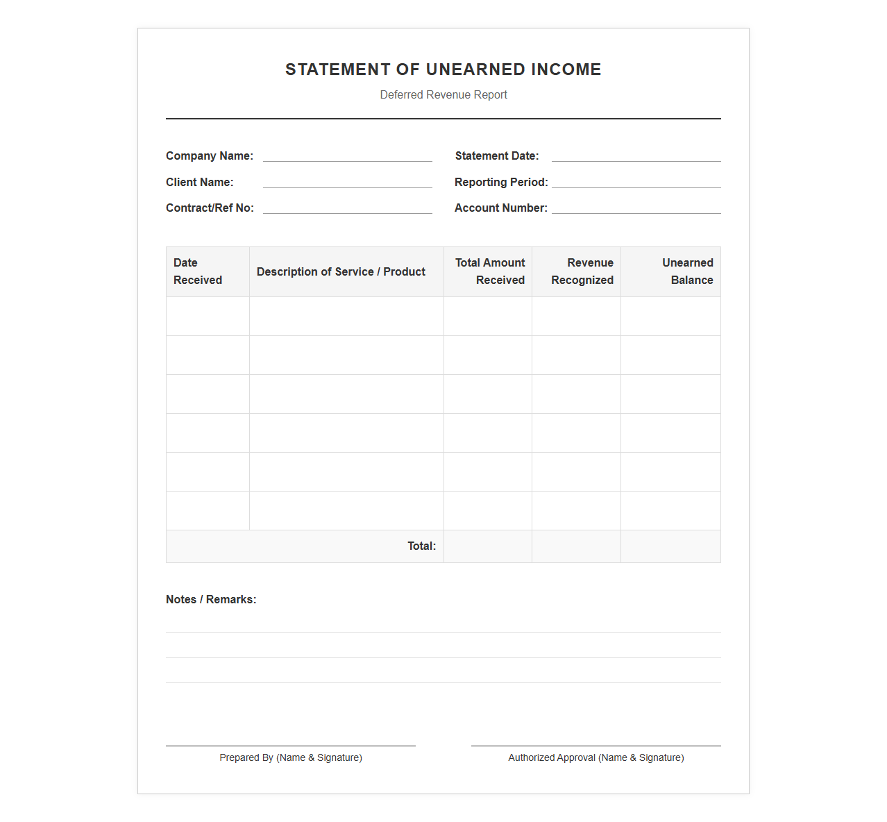 Unearned Income Statement Template