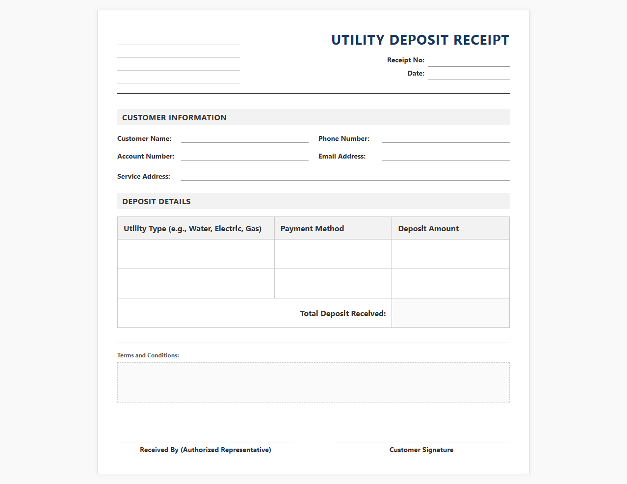 Utility Deposit Receipt Template