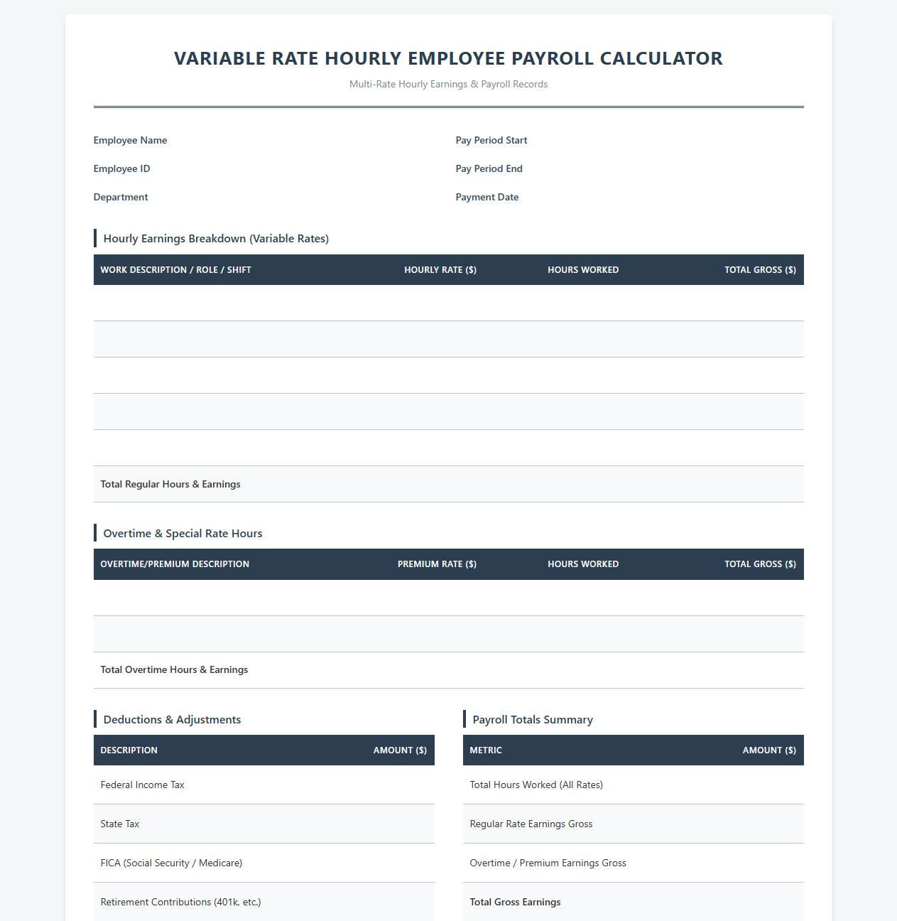 Variable Rate Hourly Employee Payroll Calculator