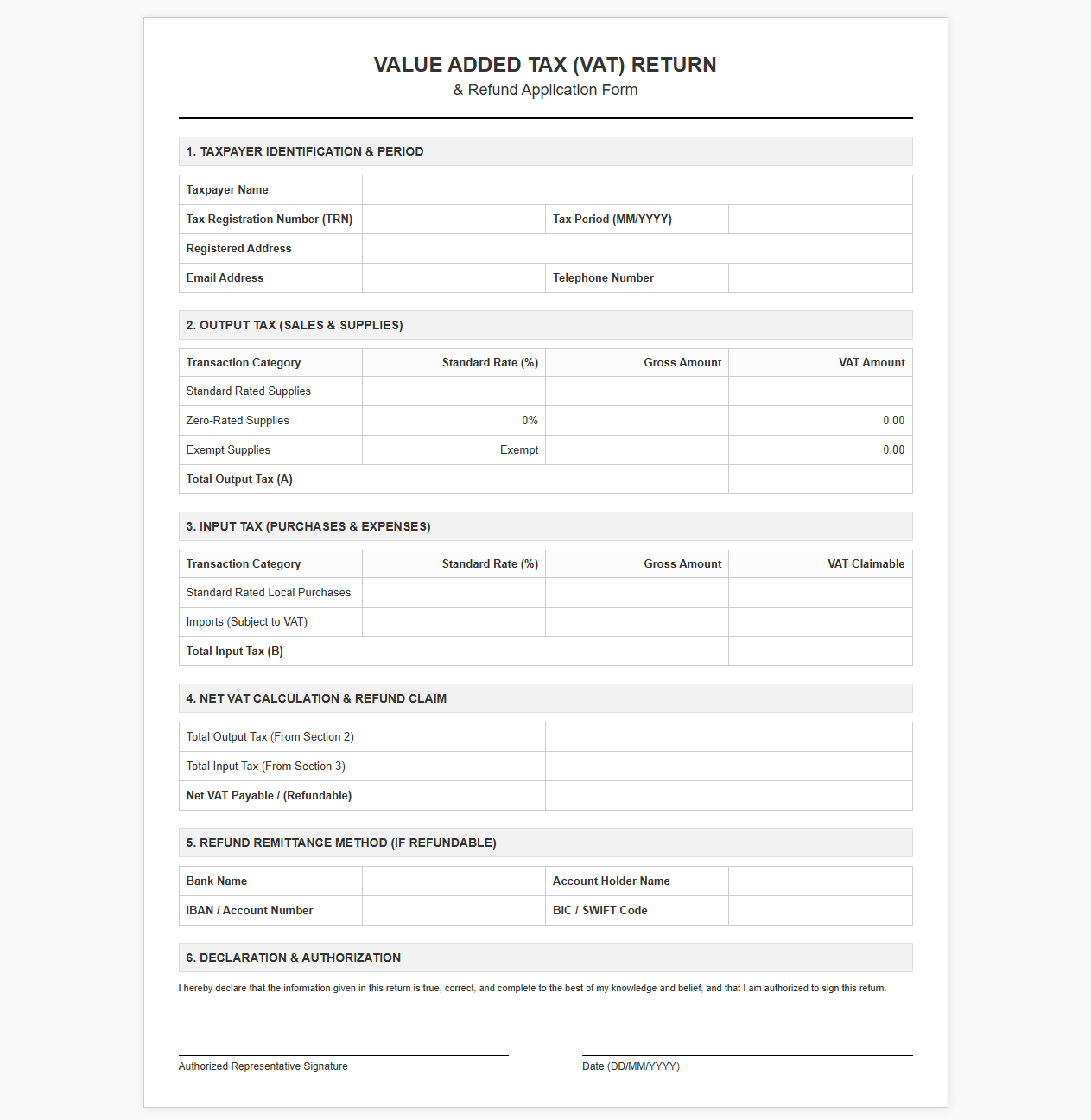 VAT Refund and Return Template