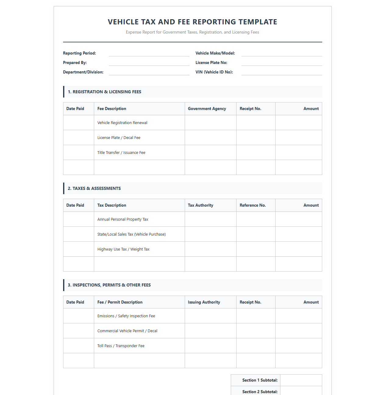 Vehicle Tax and Fee Reporting Template