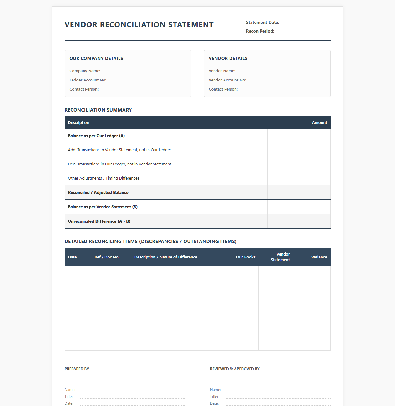 Vendor Account Reconciliation Statement Template