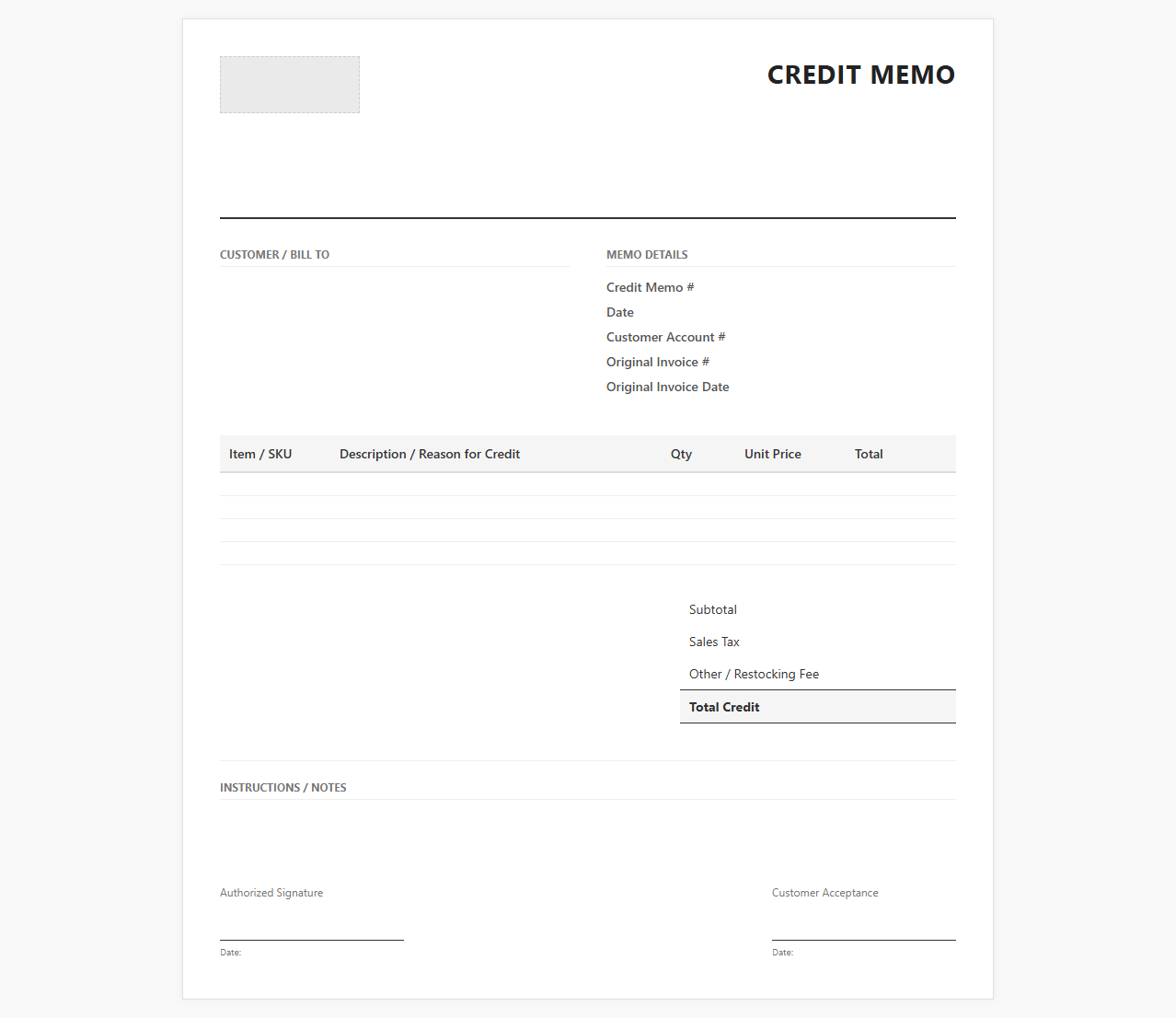 Vendor Credit Memo Invoice Template