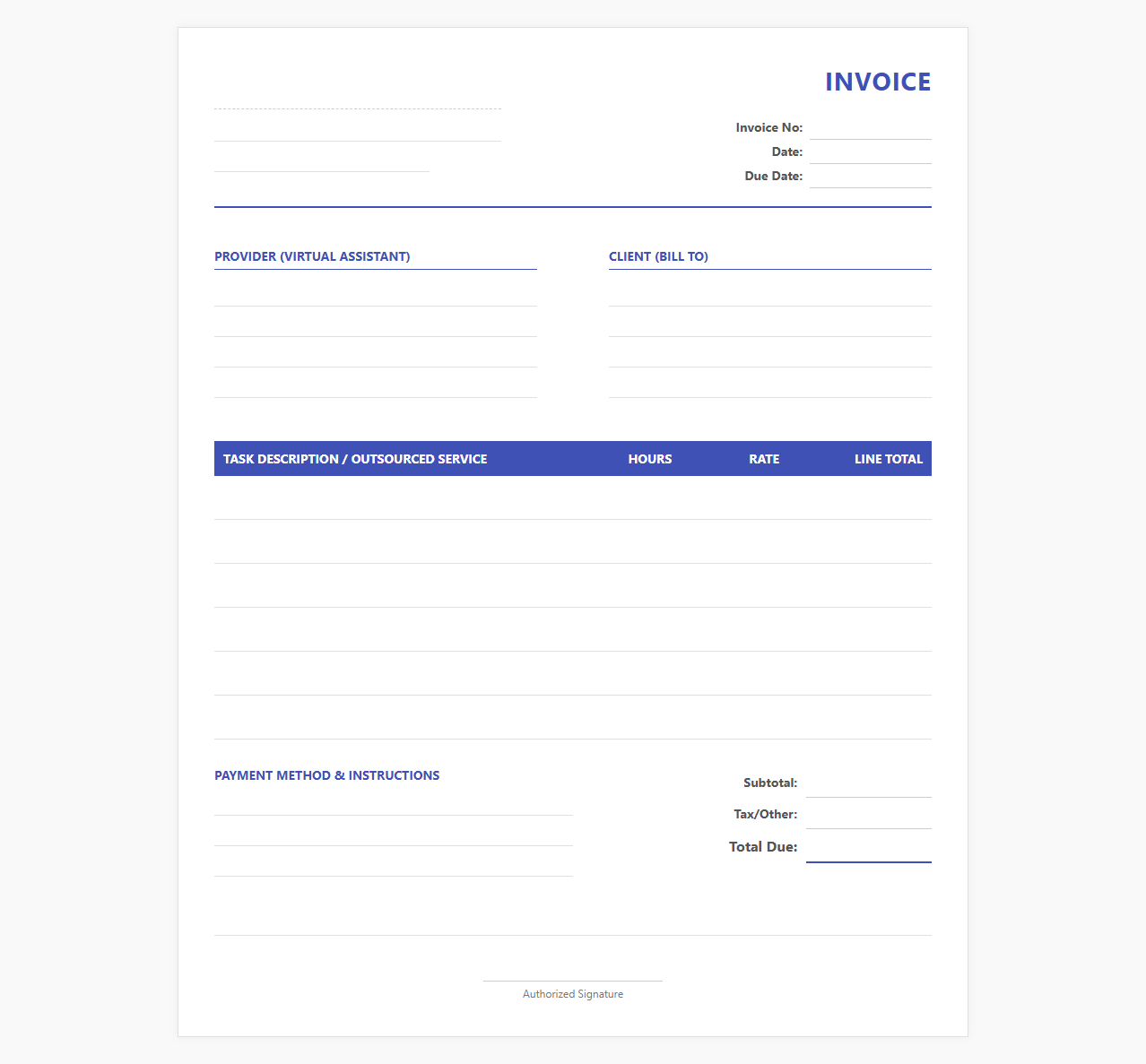 Virtual Assistant Outsourced Tasks Invoice Template