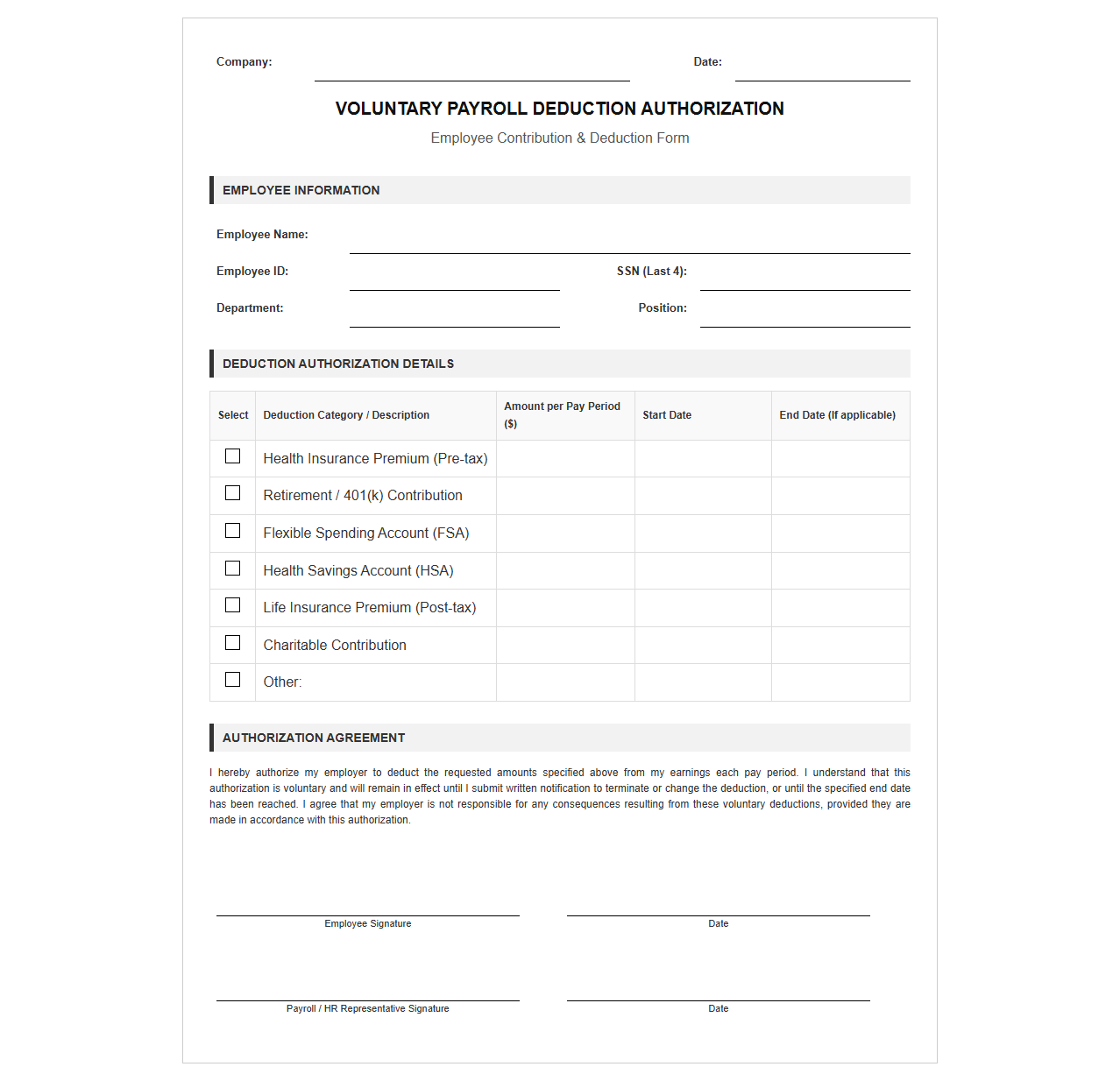 Voluntary Payroll Contribution and Deduction Form