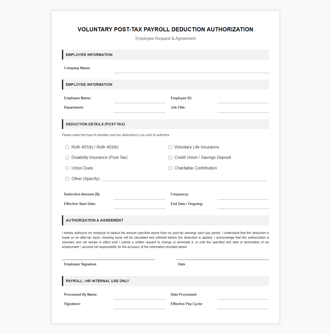 Voluntary Post-Tax Payroll Deduction Template
