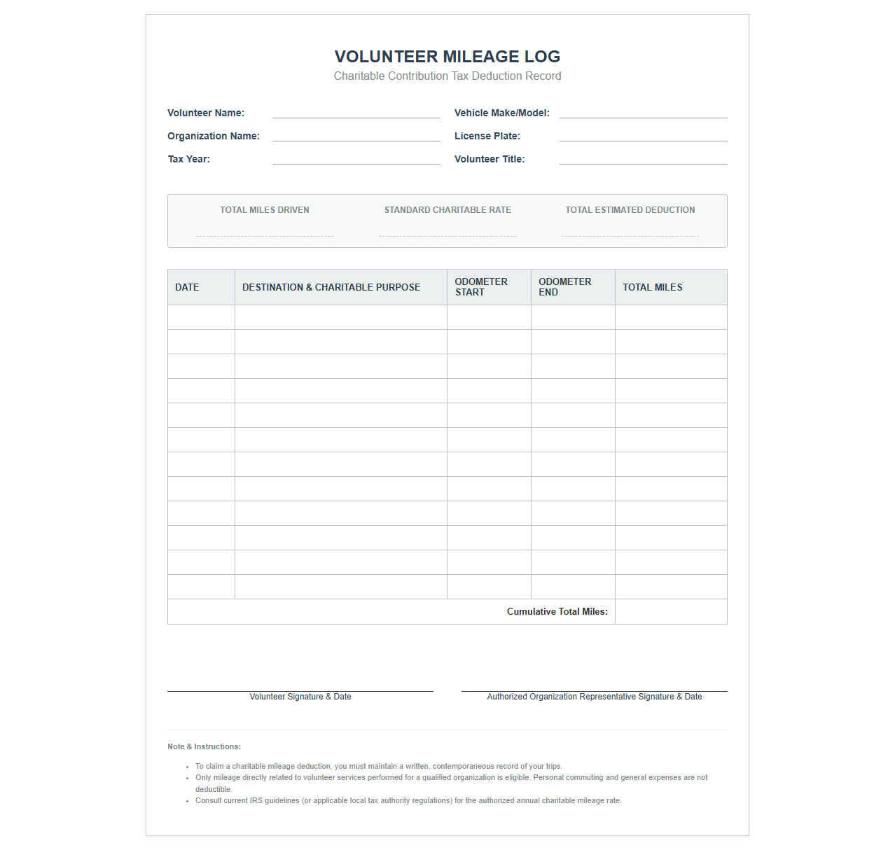 Volunteer Tax Deduction Mileage Template