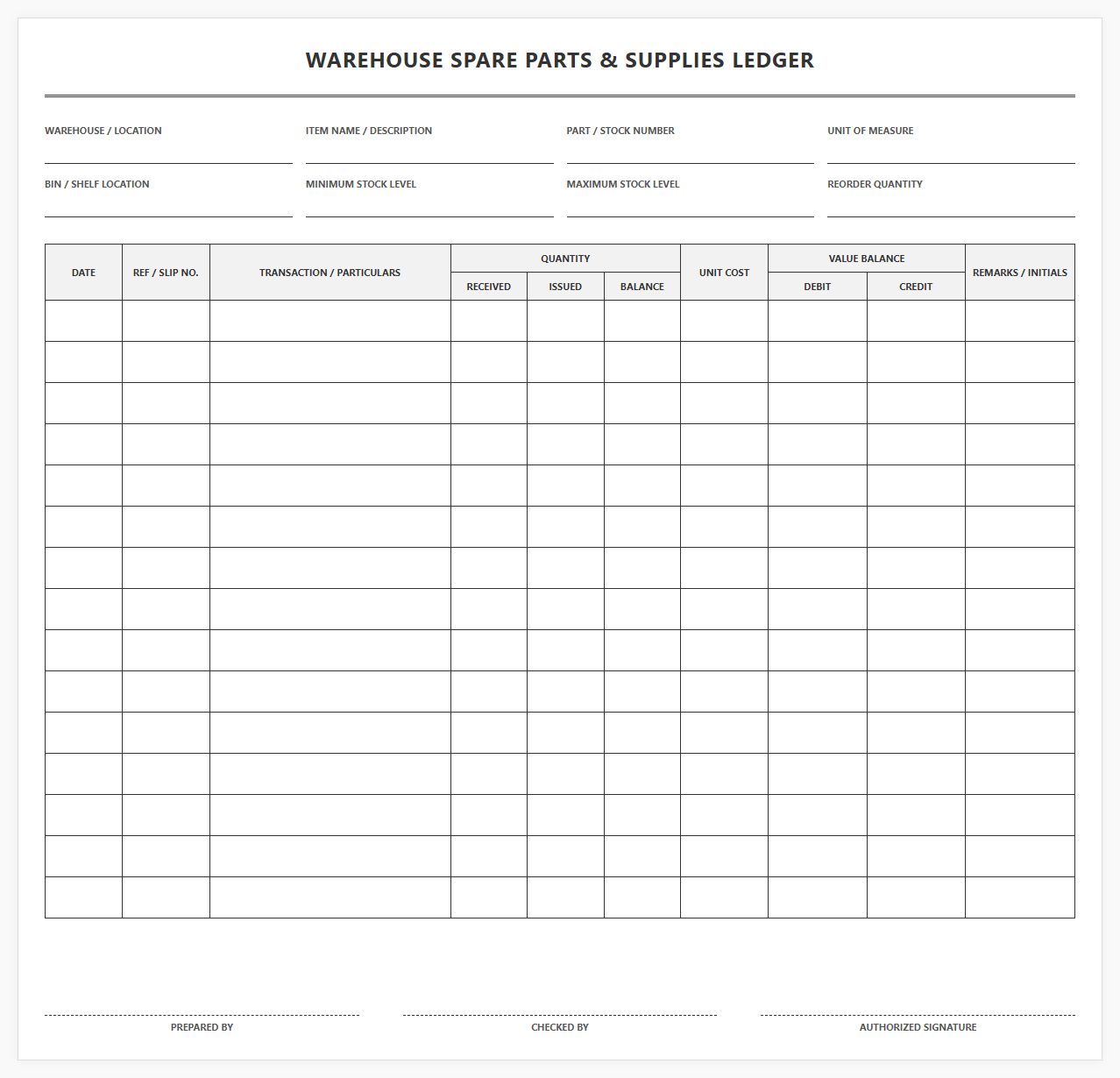Warehouse Spare Parts and Supplies Ledger