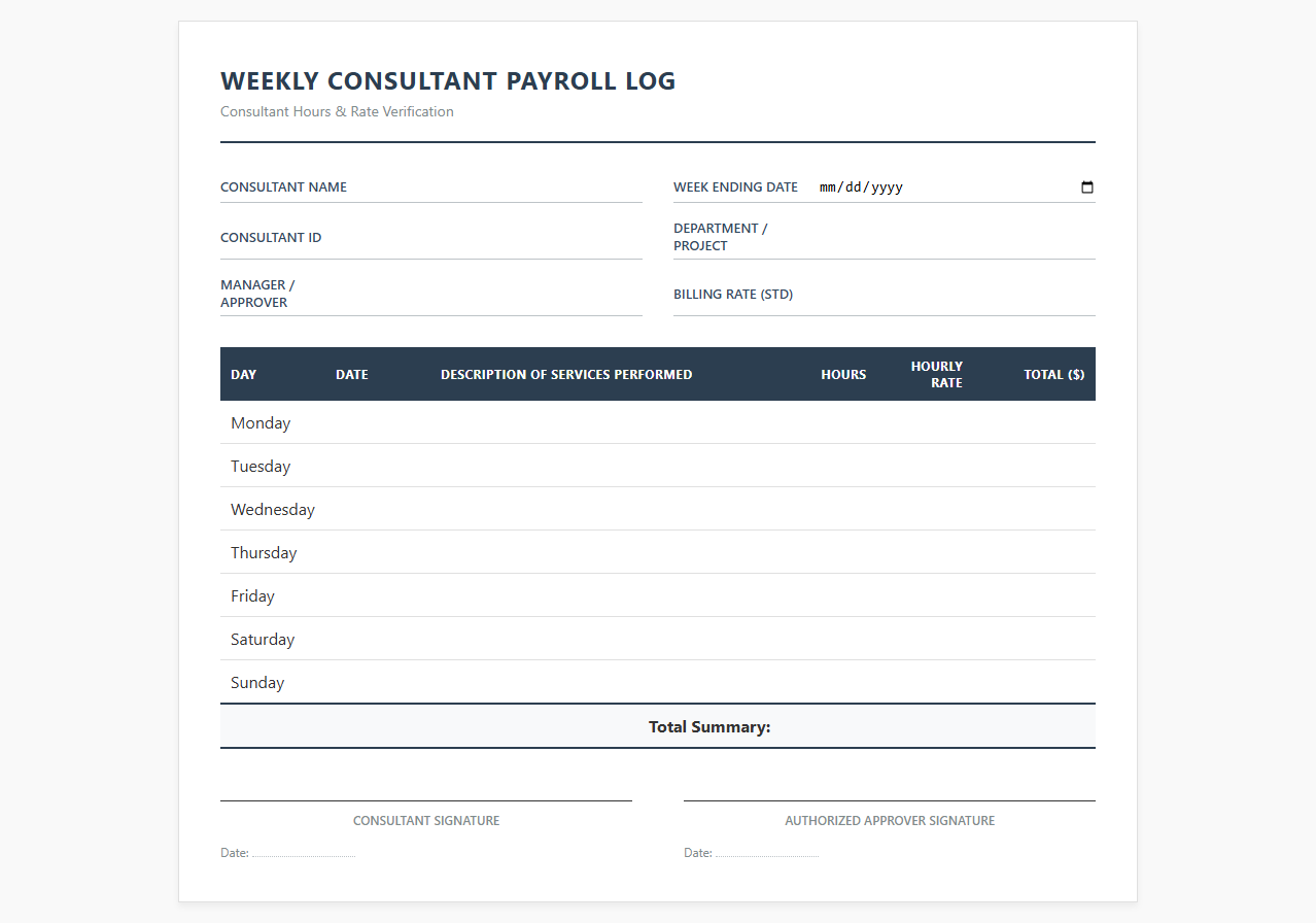 Weekly Consultant Payroll Log with Hourly Rates