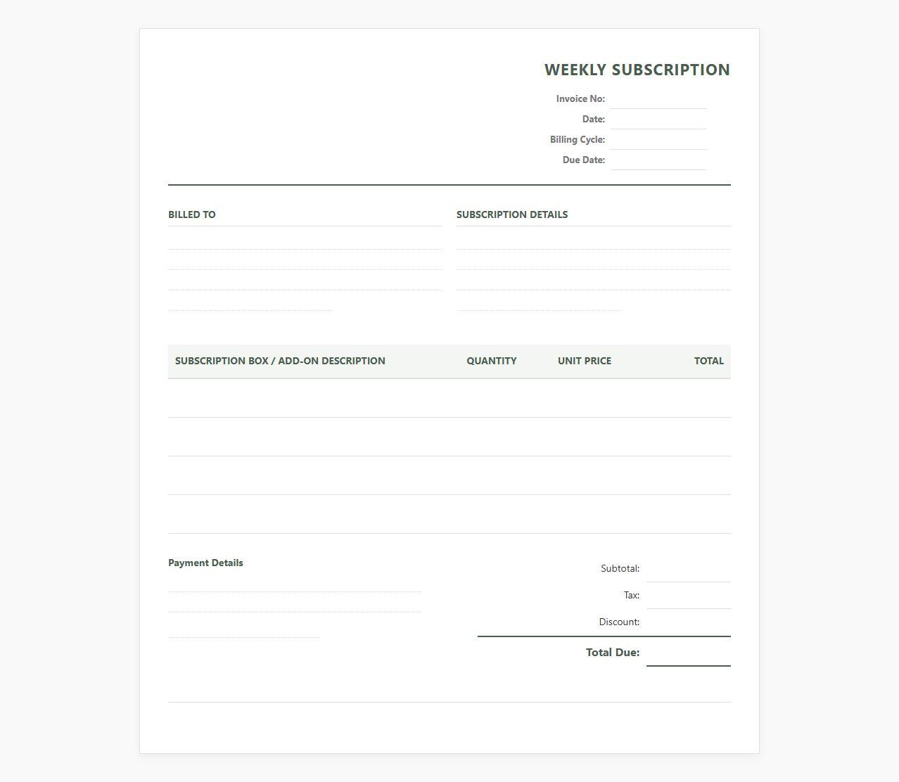 Weekly Subscription Box Customer Invoice