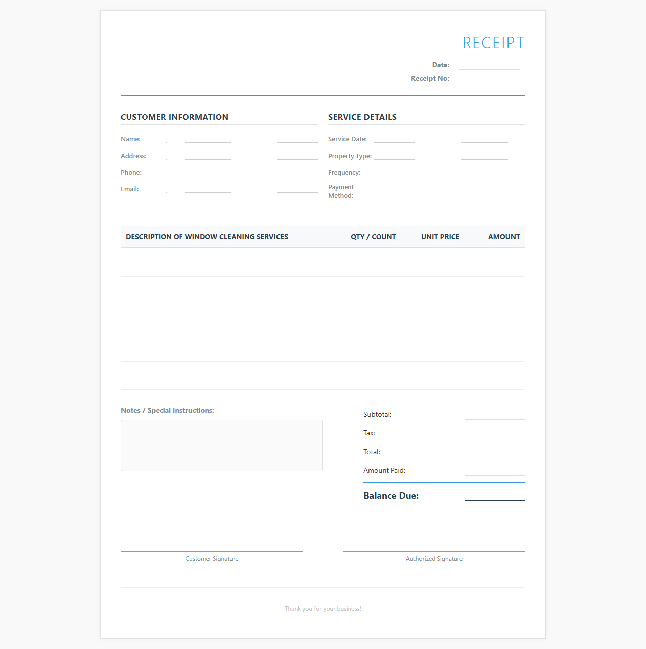 Window Cleaning Service Customer Receipt
