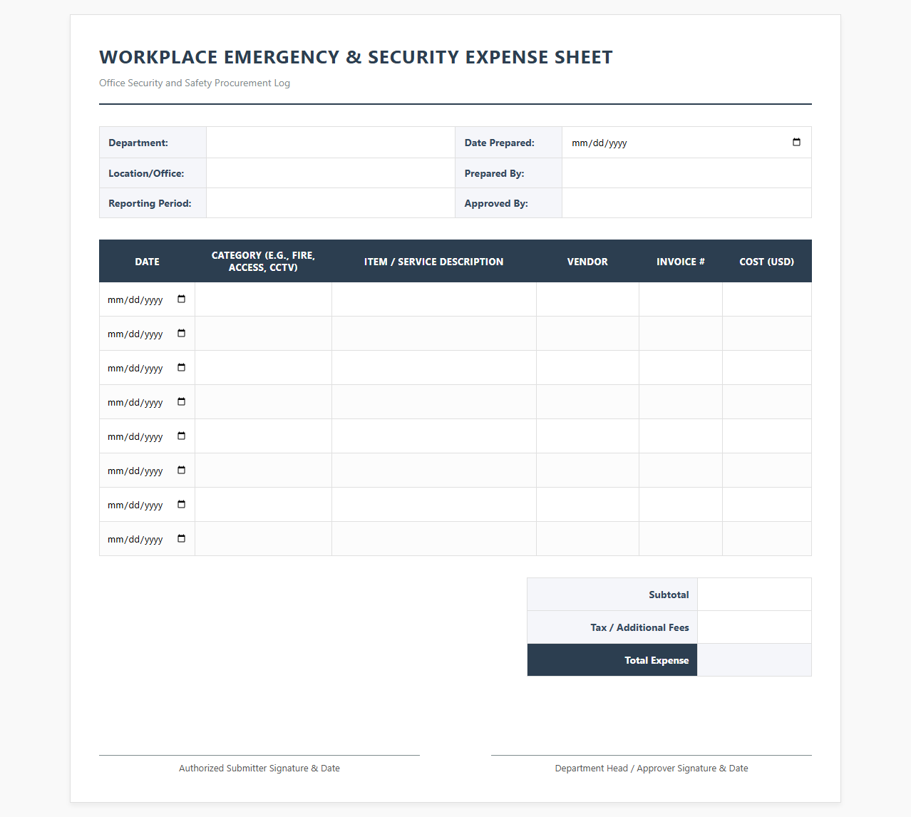 Workplace Emergency and Security Expense Sheet
