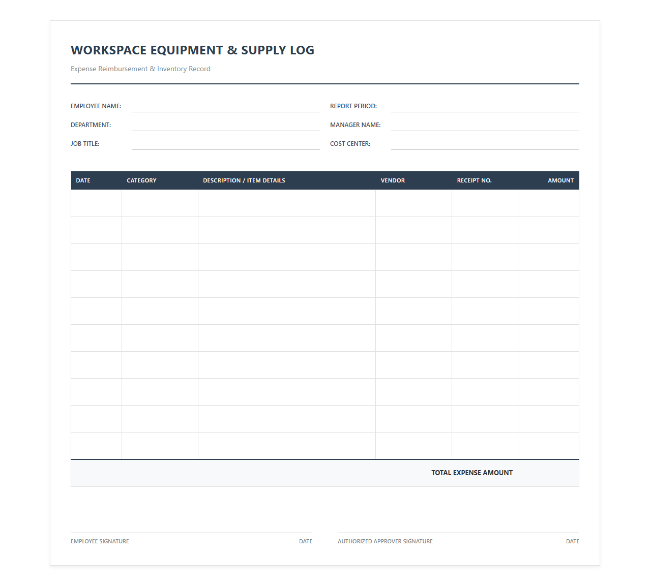 Workspace Equipment and Supply Expense Log