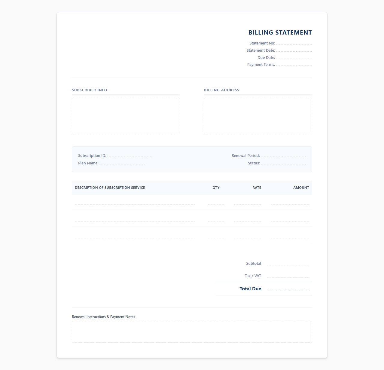 Yearly Subscription Renewal Billing Statement
